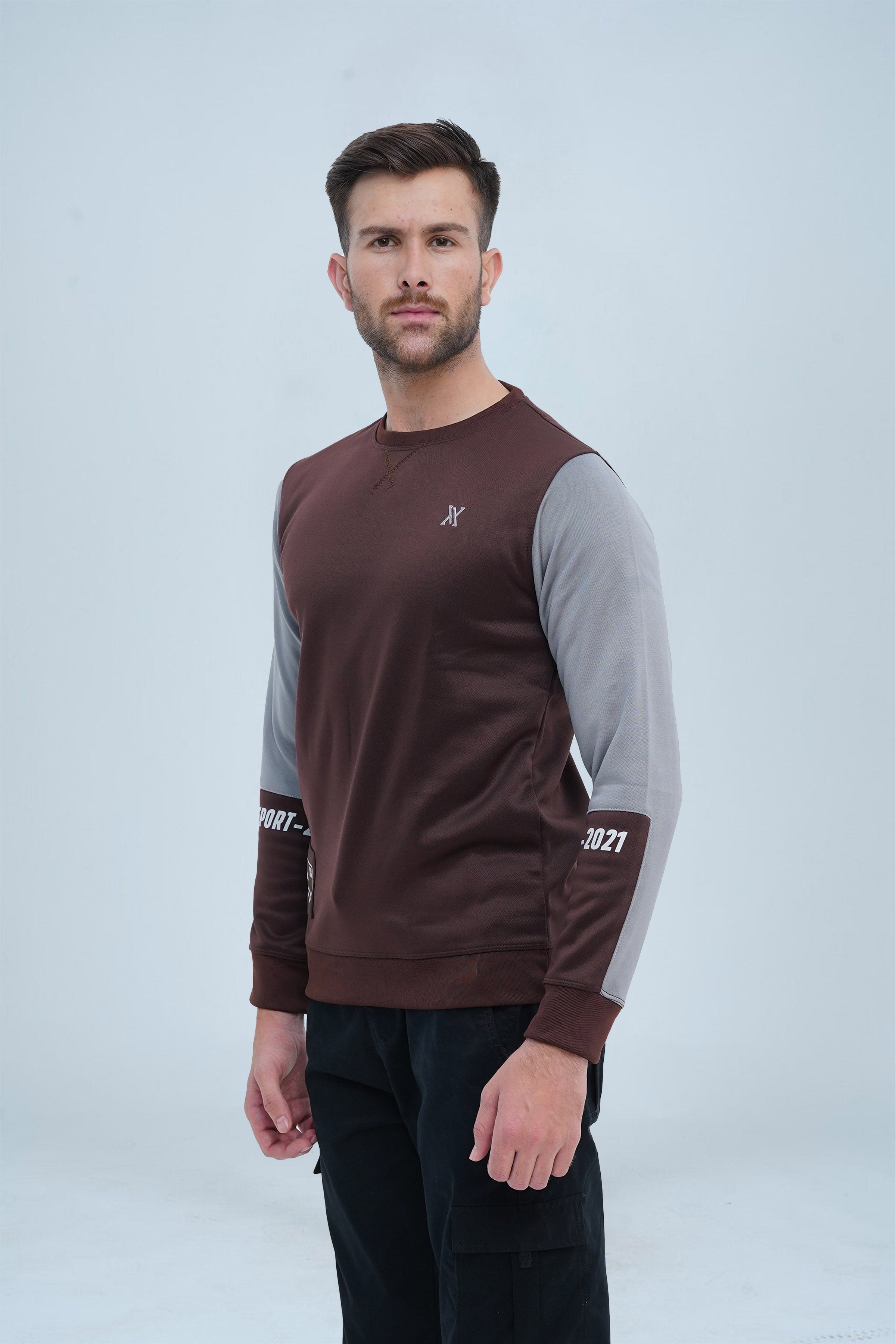 Men's Stylish Brown Sweatshirt with Contrast Sleeves, ideal for casual wear with a touch of sophistication.