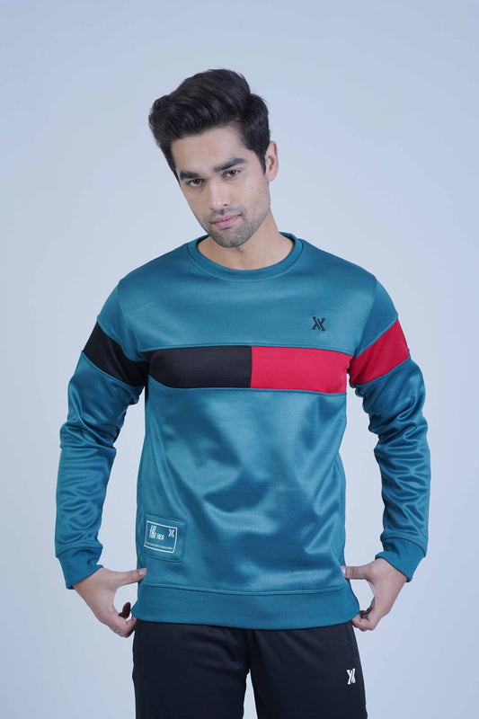 Take your wardrobe to the next level with this teal blue men's sweatshirt! The modern color block design in red and black will keep you feeling inspired day after day.