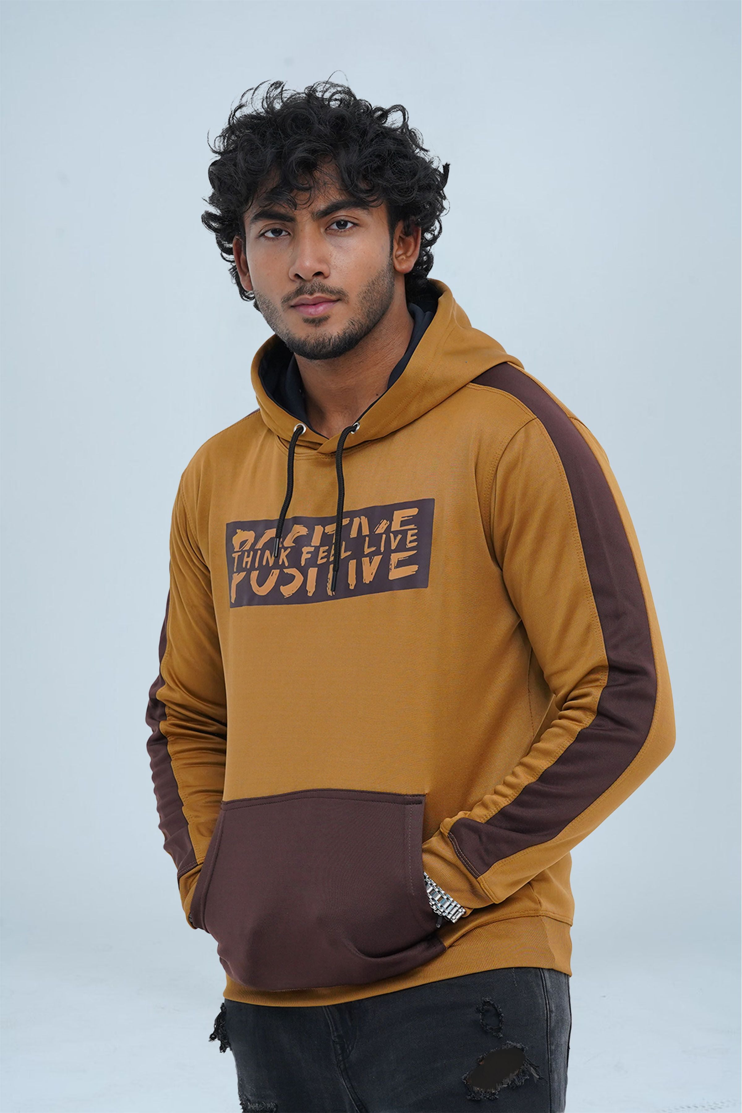 Positive Light Brown Men Hoodie from The Xea Collection -  Color Block Pullover Hoodie - Xea Clothing