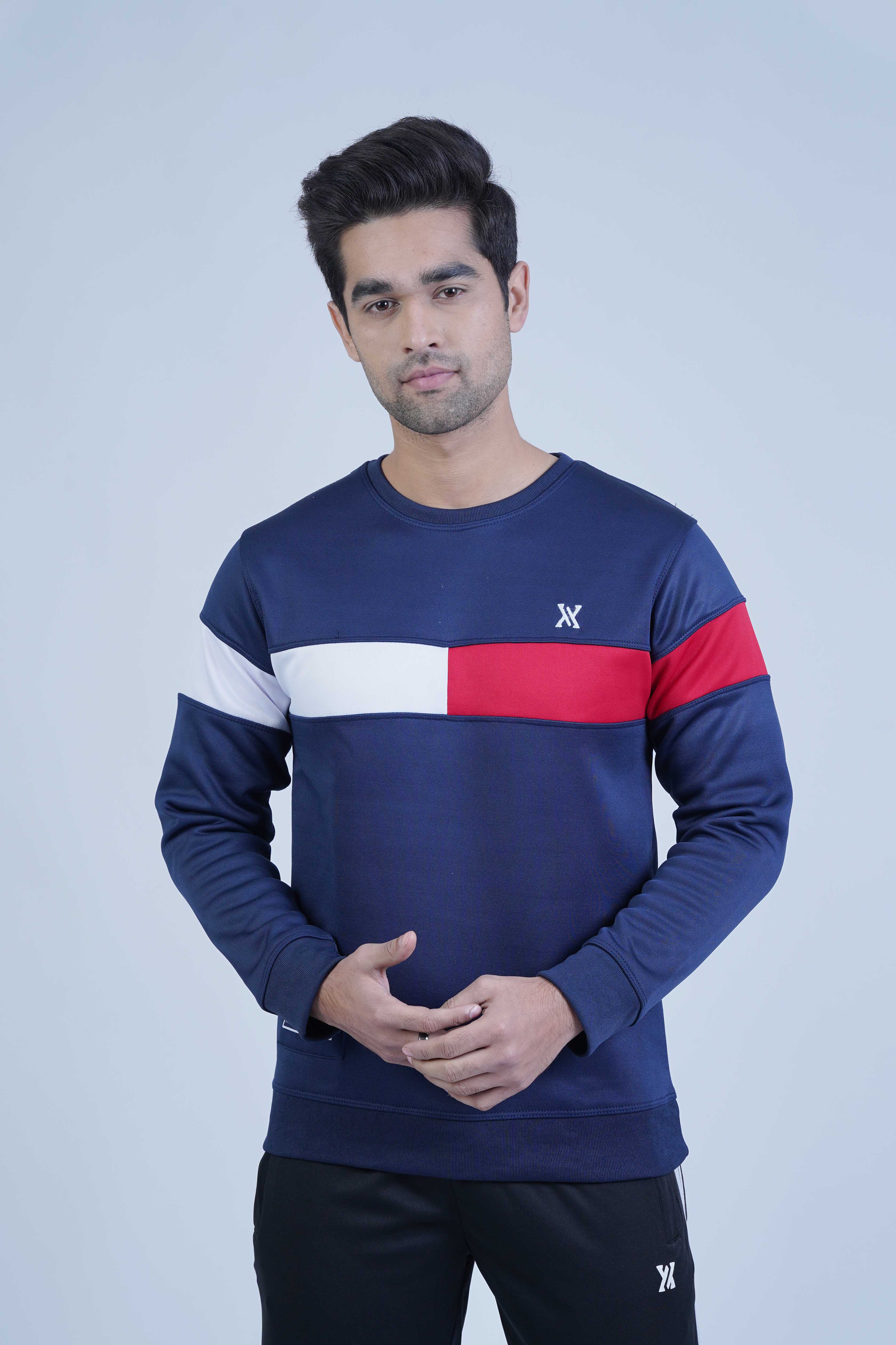 Go bold with this navy blue men's sweatshirt! Modern color block design in red and white. Stay inspired by wearing it every day!