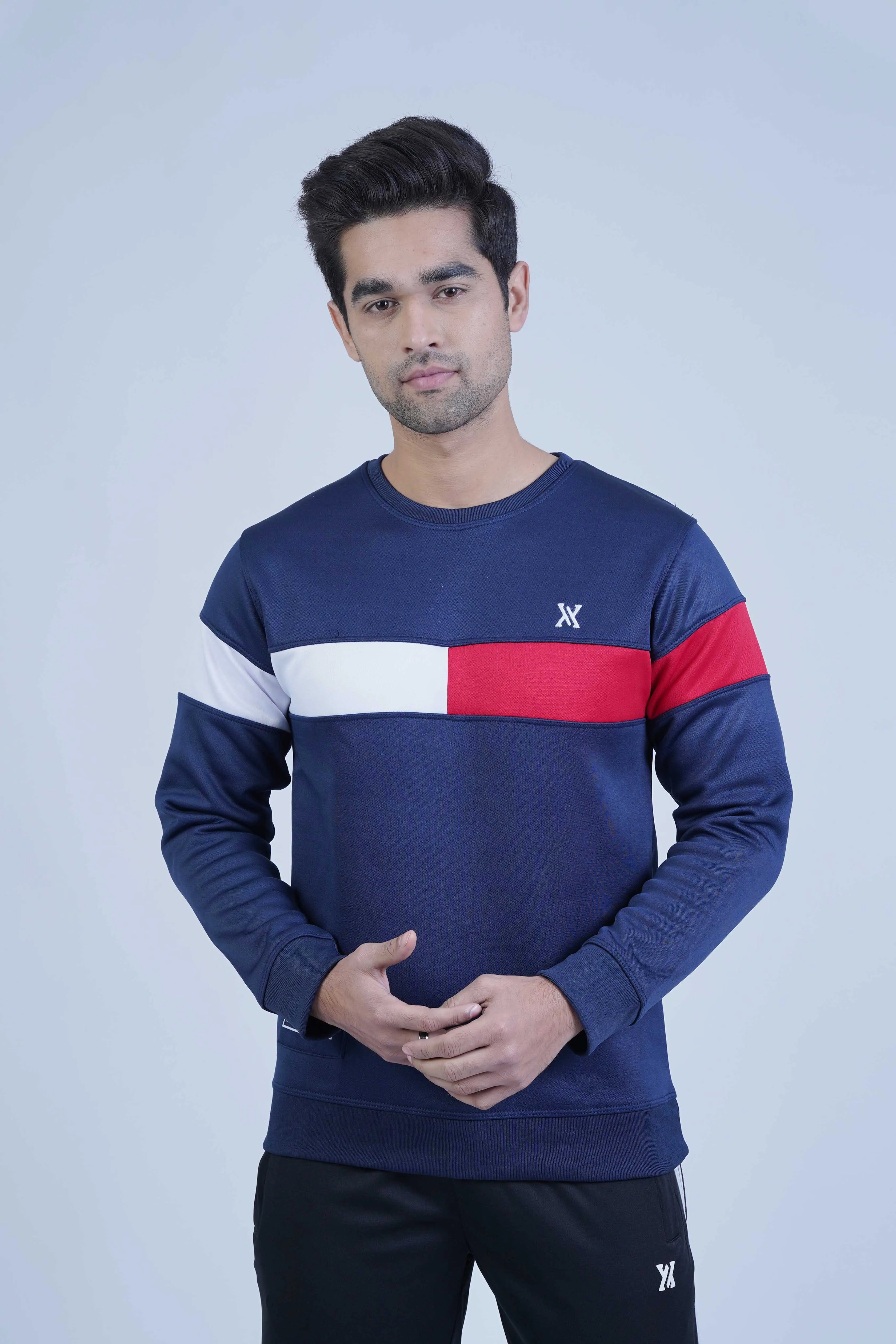 Go bold with this navy blue men's sweatshirt! Modern color block design in red and white. Stay inspired by wearing it every day! -  Color Block Sweatshirt Navy Blue - Xea Clothing -  Color Block Sweatshirt Navy Blue - Xea Clothing