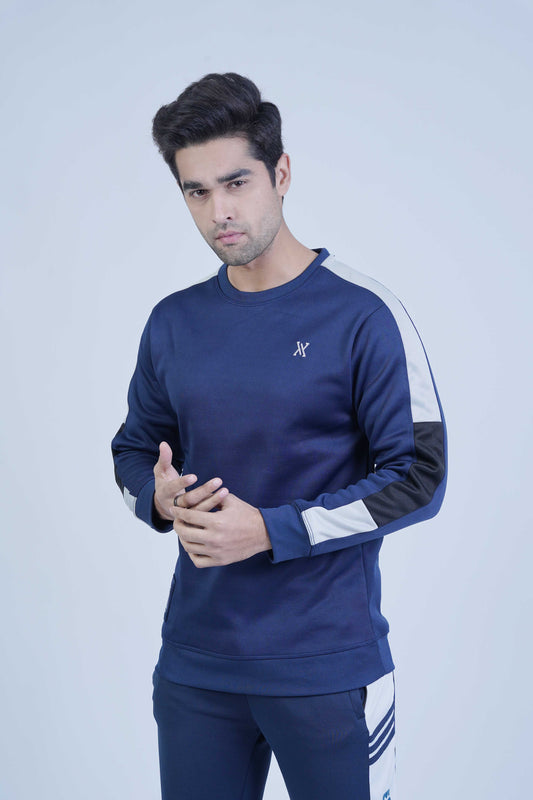 Navy sweatshirt with stylish ash grey and black stripes on the sleeves, creating a sporty and modern appearance.