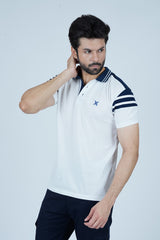 Xea Color Block Men's White Polo Shirt. This comfortable and stylish piece has a Urban design with a Contrast collar and Shoulder.