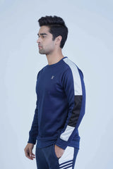 "Rich navy sweatshirt with bold ash grey and black sleeve stripes, combining comfort with a fashionable edge. -  Striking Sleeves Navy Sweatshirt - Xea Clothing -  Striking Sleeves Navy Sweatshirt - Xea Clothing