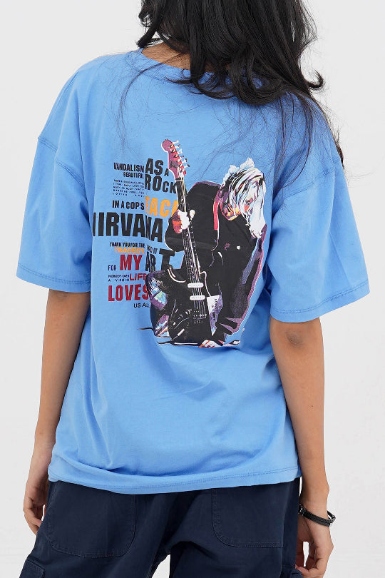 Unisex Sky Blue Oversized T-Shirt – Rockstar Graphic Print Casual Streetwear
