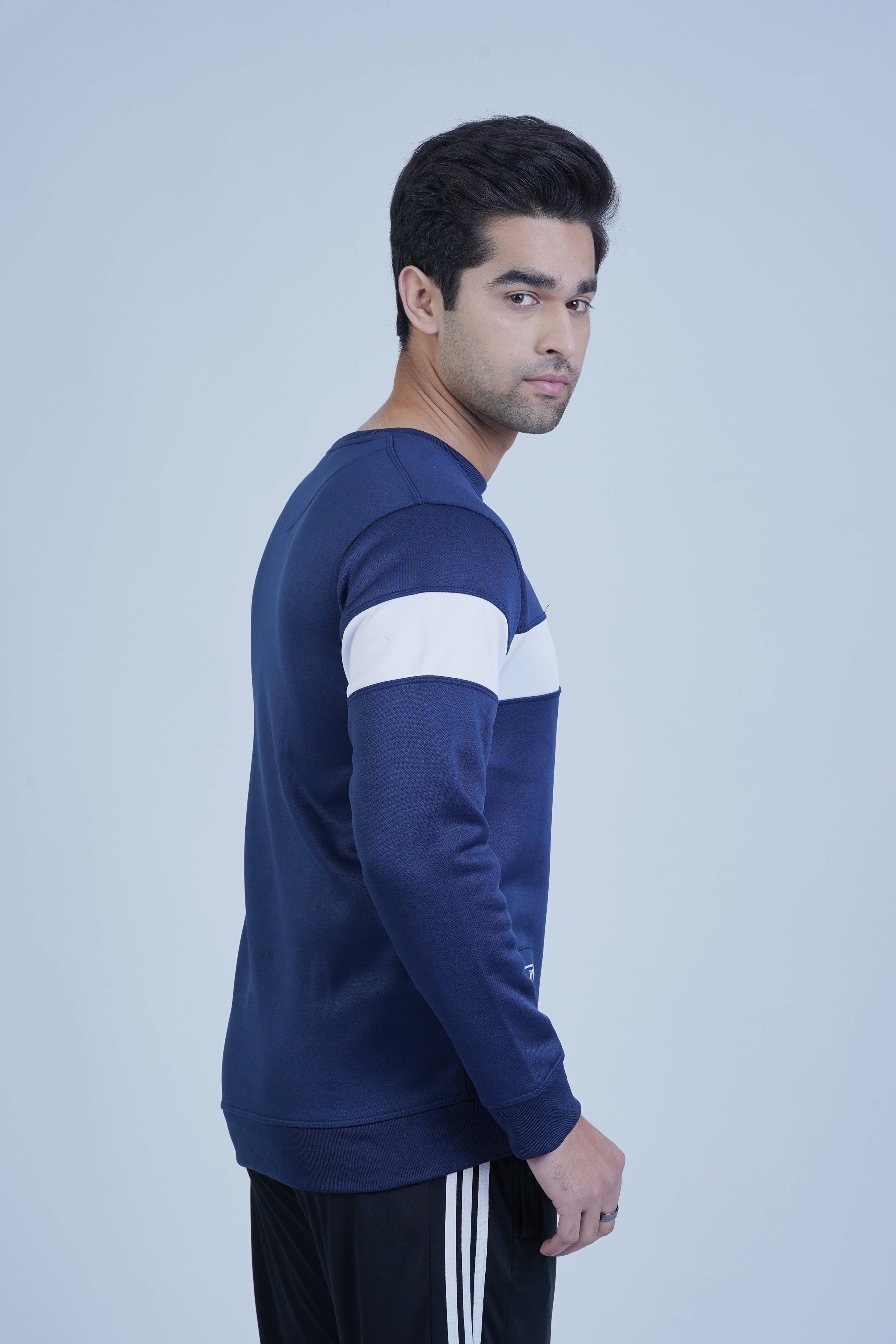 Go bold with this navy blue men's sweatshirt! Modern color block design in red and white. Stay inspired by wearing it every day!