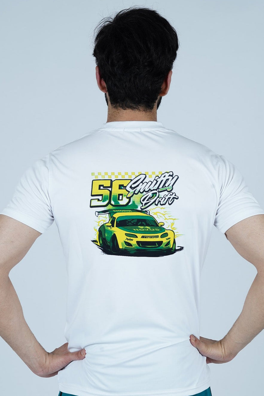 Person wearing a white t-shirt with a car graphic and text on the back, against a light gray background