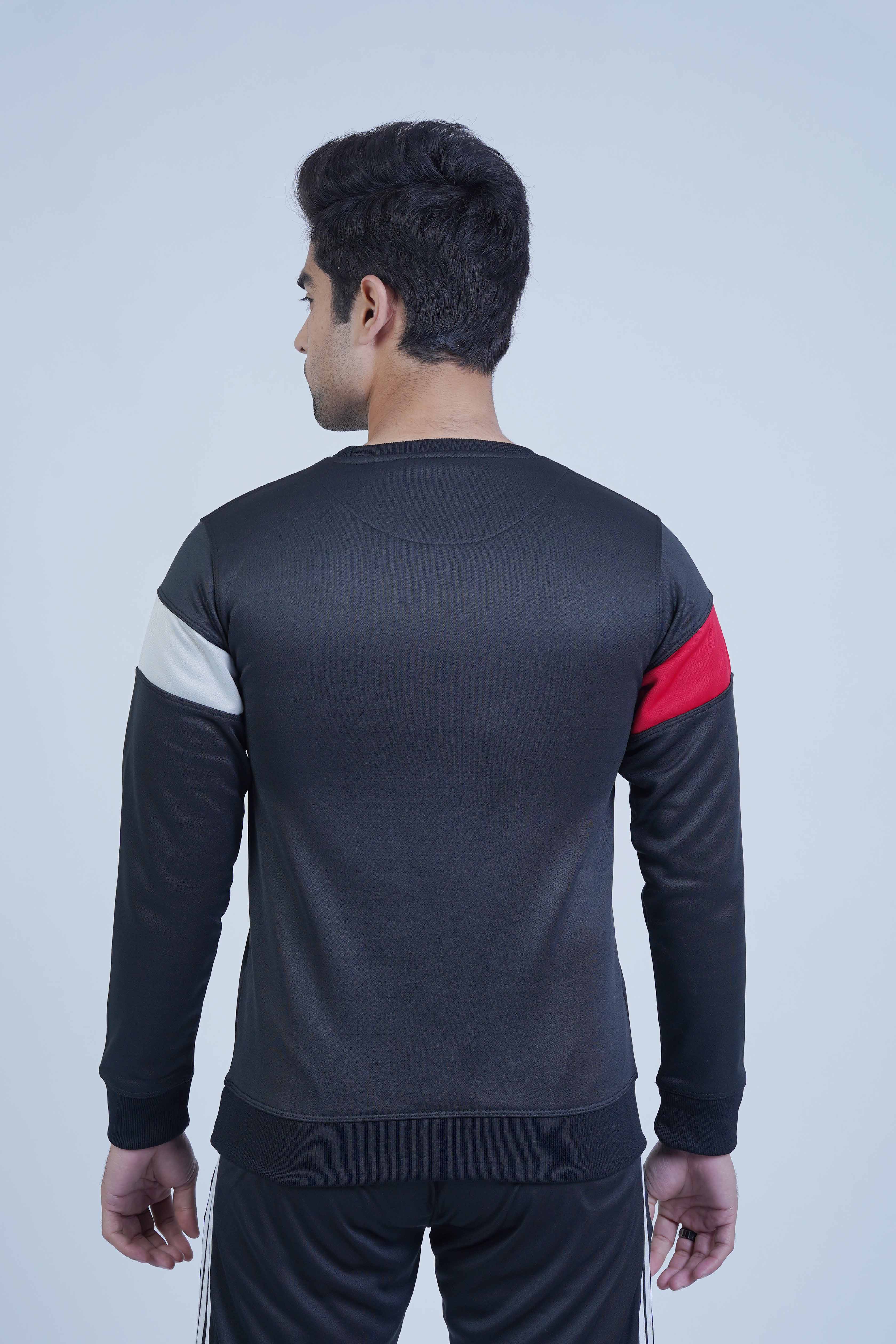 Upgrade your style with this trendy black sweatshirt for men! The modern red and white color block design is sure to inspire you daily.