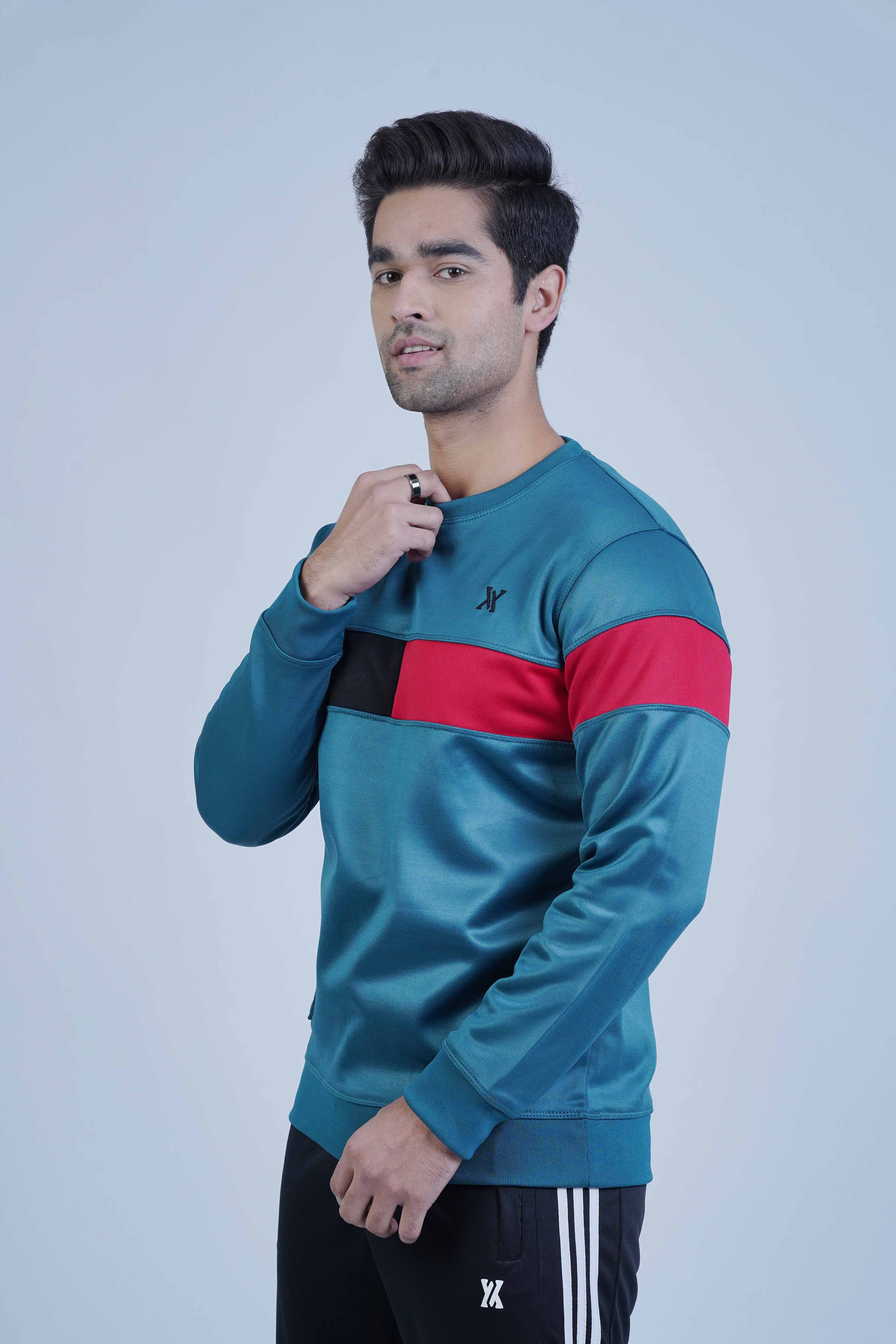 Take your wardrobe to the next level with this teal blue men's sweatshirt! The modern color block design in red and black will keep you feeling inspired day after day.