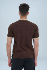 A high-quality men's polo shirt in rich brown with beige trim, offering a sophisticated yet casual style.