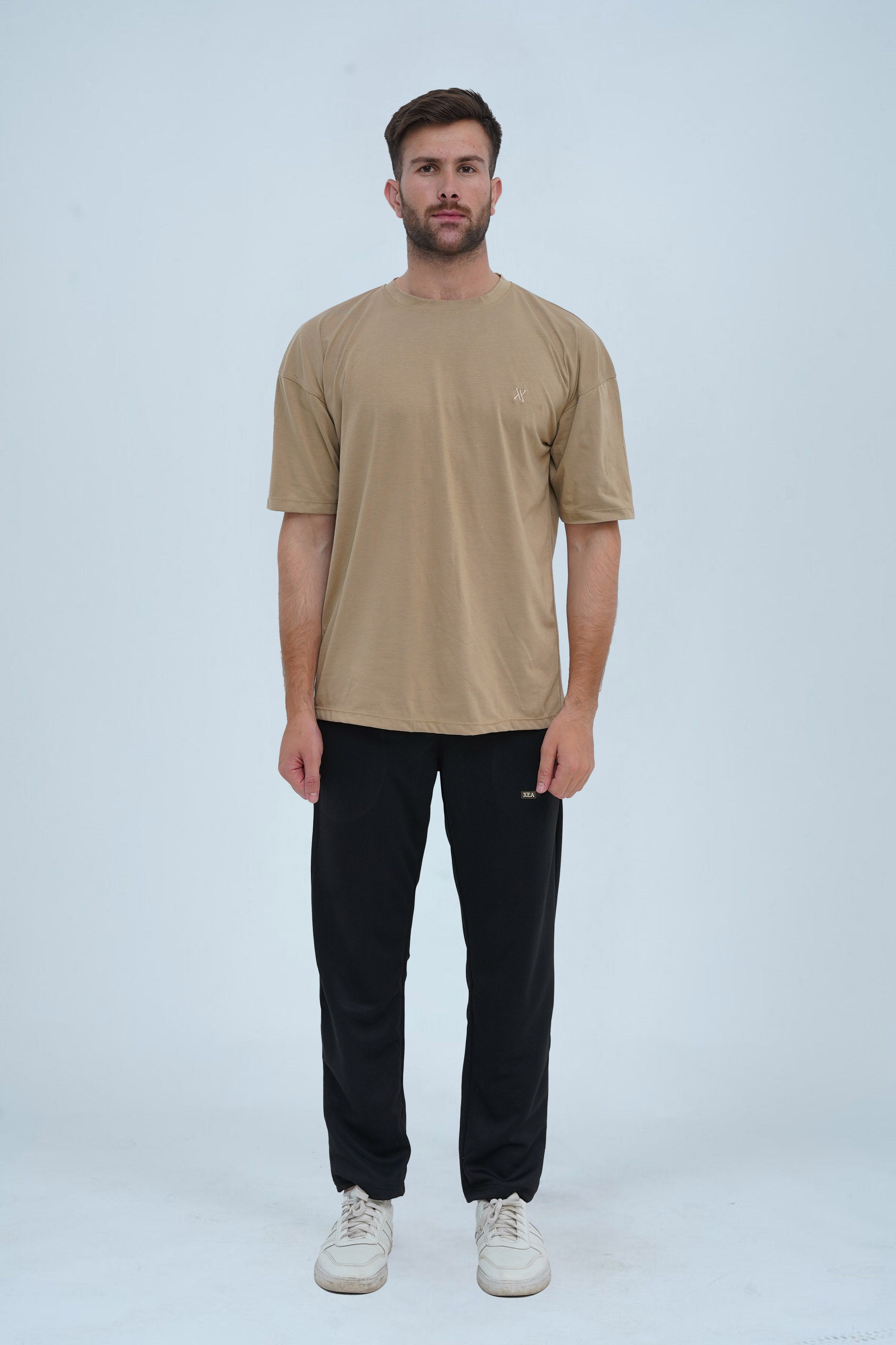 Army brown oversized drop shoulder T-shirt for men – relaxed fit, soft cotton, and perfect for casual and streetwear looks.