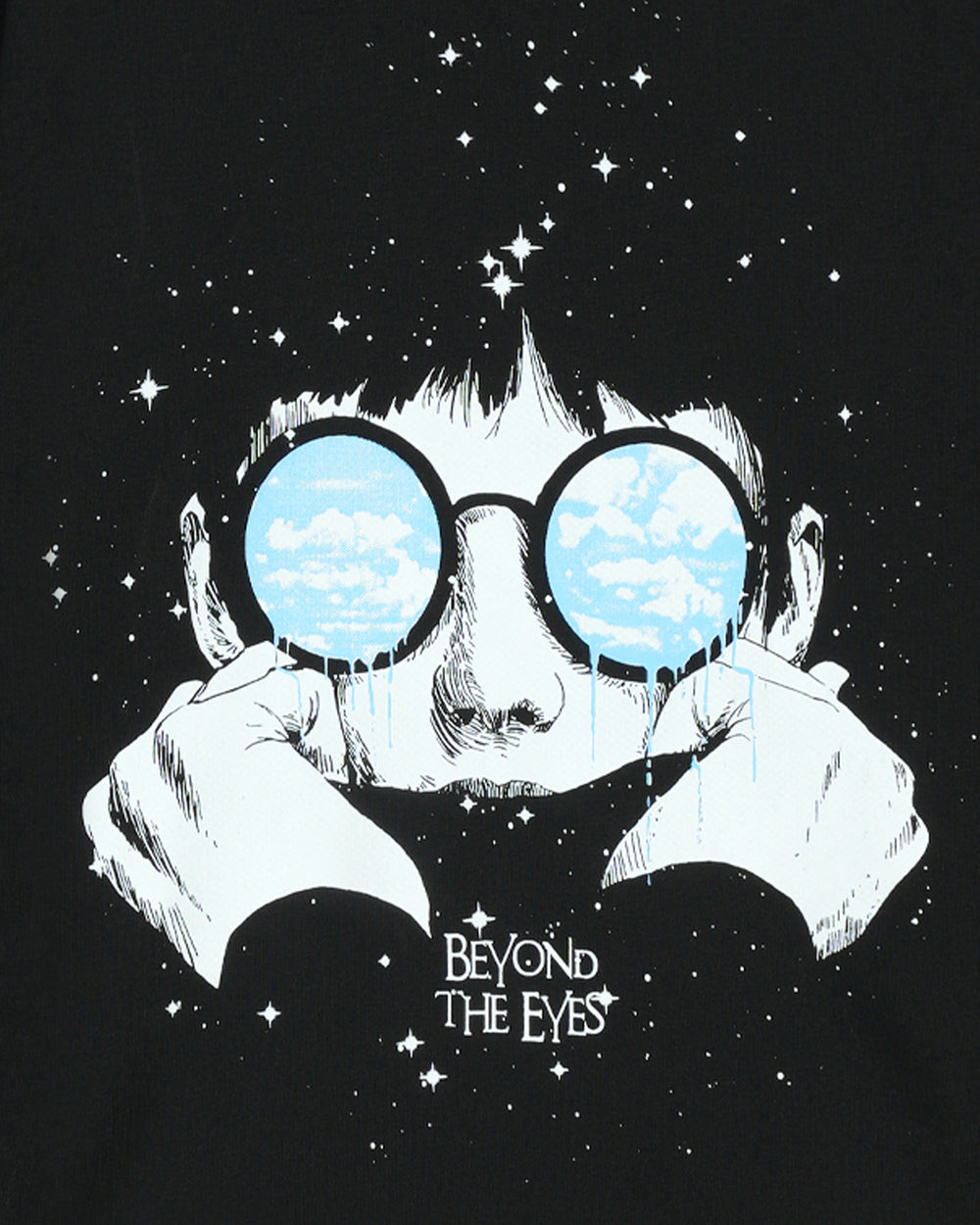 Black t-shirt with a graphic of hands holding glasses with a starry night sky background and 'Beyond The Eyes' text.
