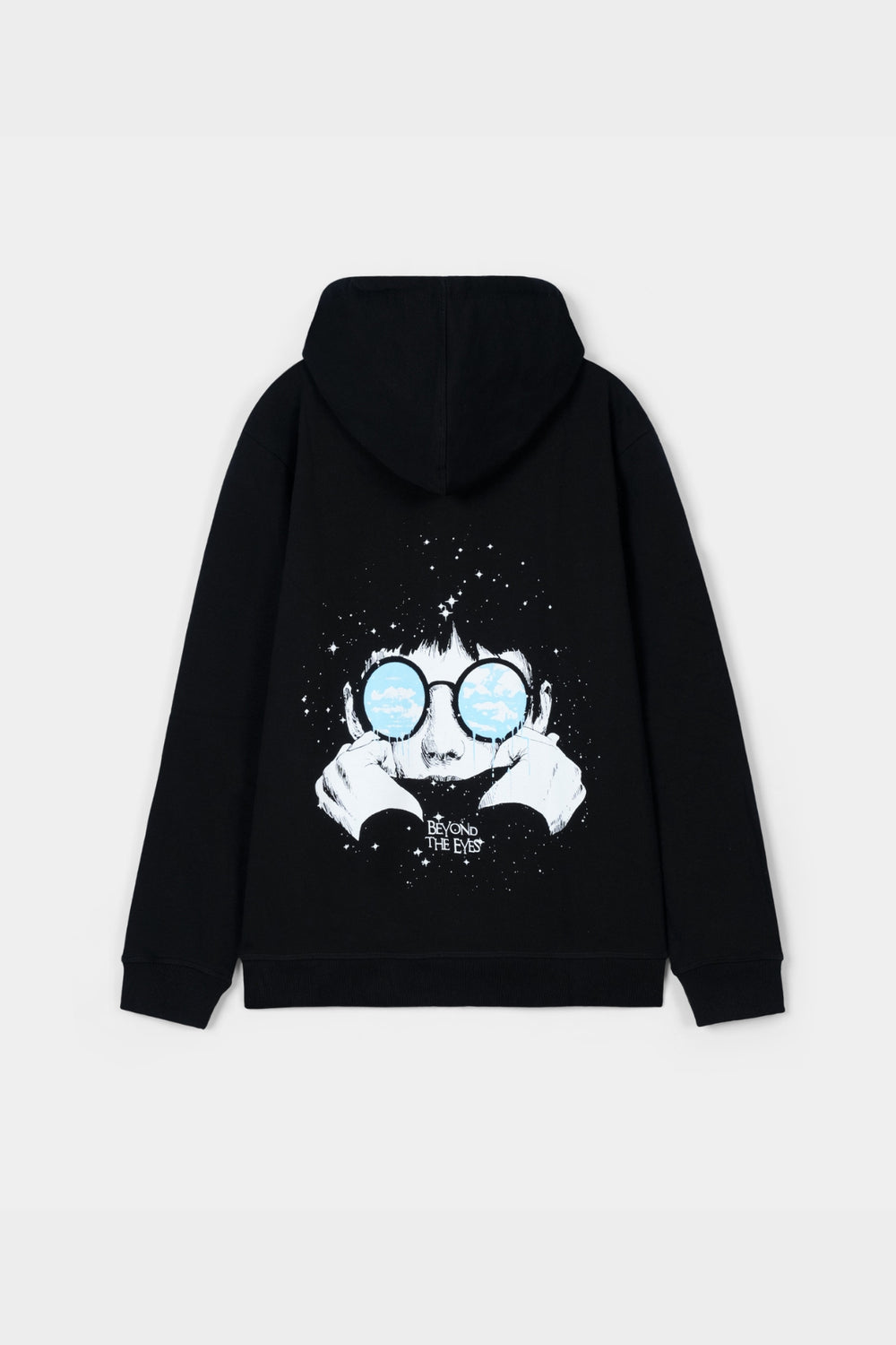 Black hoodie with a graphic design on the back against a white background