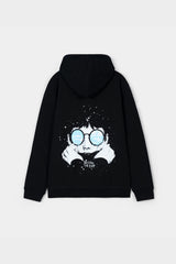 Black hoodie with a graphic design on the back against a white background