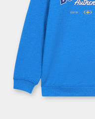 Blue sweatshirt with branding on a light gray background