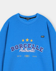 Blue sweatshirt with 'BORCELLE Authentic' text and branding on a light gray background