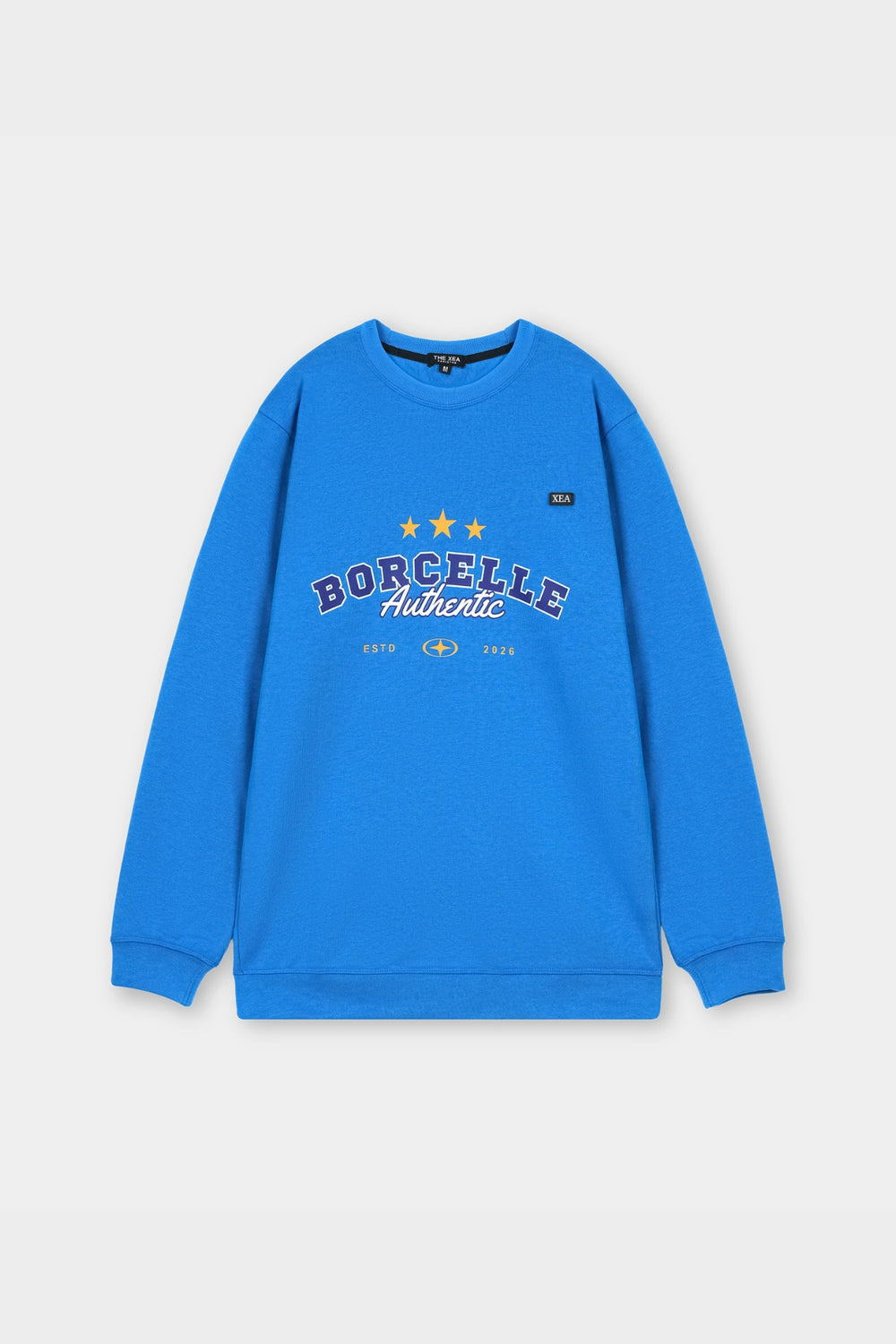 Blue sweatshirt with 'Borcelle Authentic' text on a light gray background