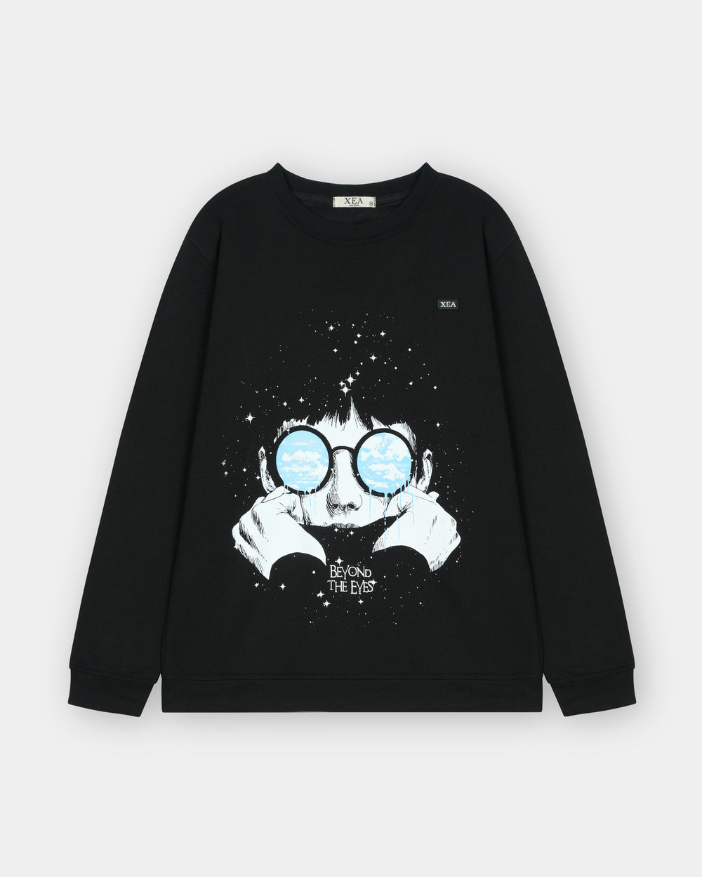 Black sweatshirt with a graphic design of a person wearing glasses and text 'BEYOND THE EYES' on a light gray background.