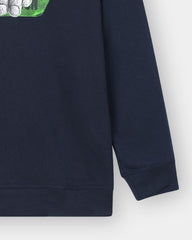 Navy blue sweatshirt with a green logo on a white background