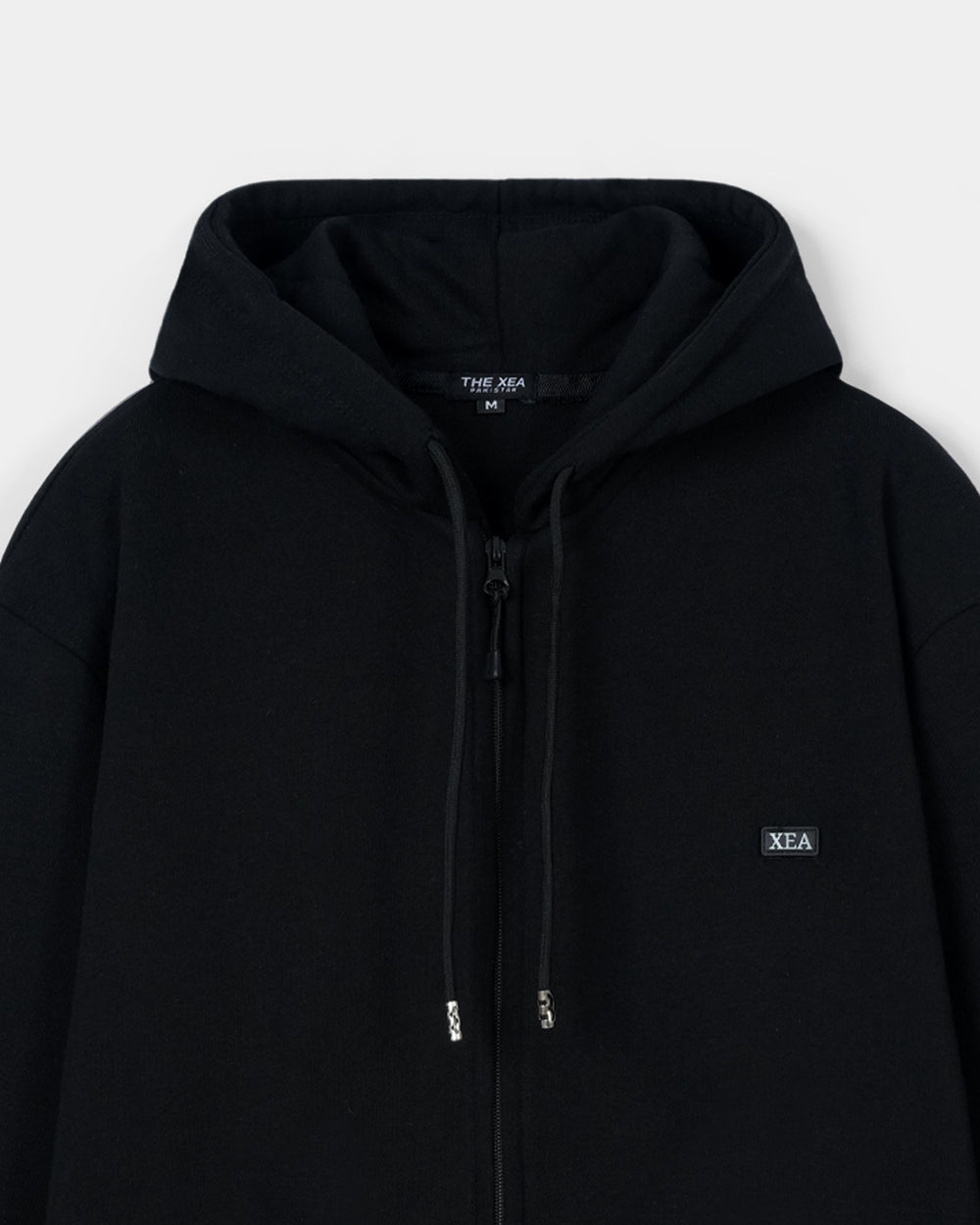 Black hoodie with a brand logo on a white background