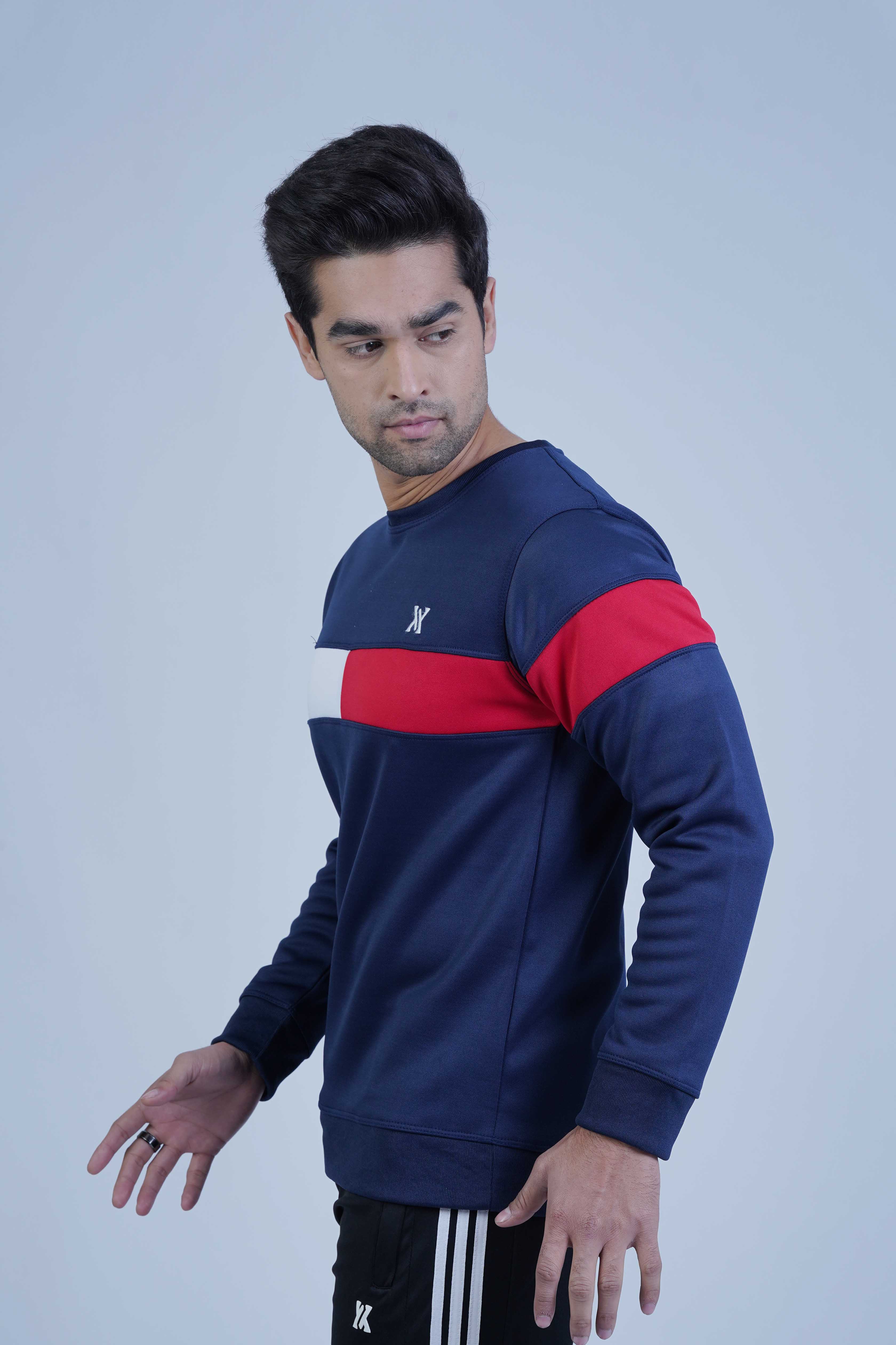 Go bold with this navy blue men's sweatshirt! Modern color block design in red and white. Stay inspired by wearing it every day!