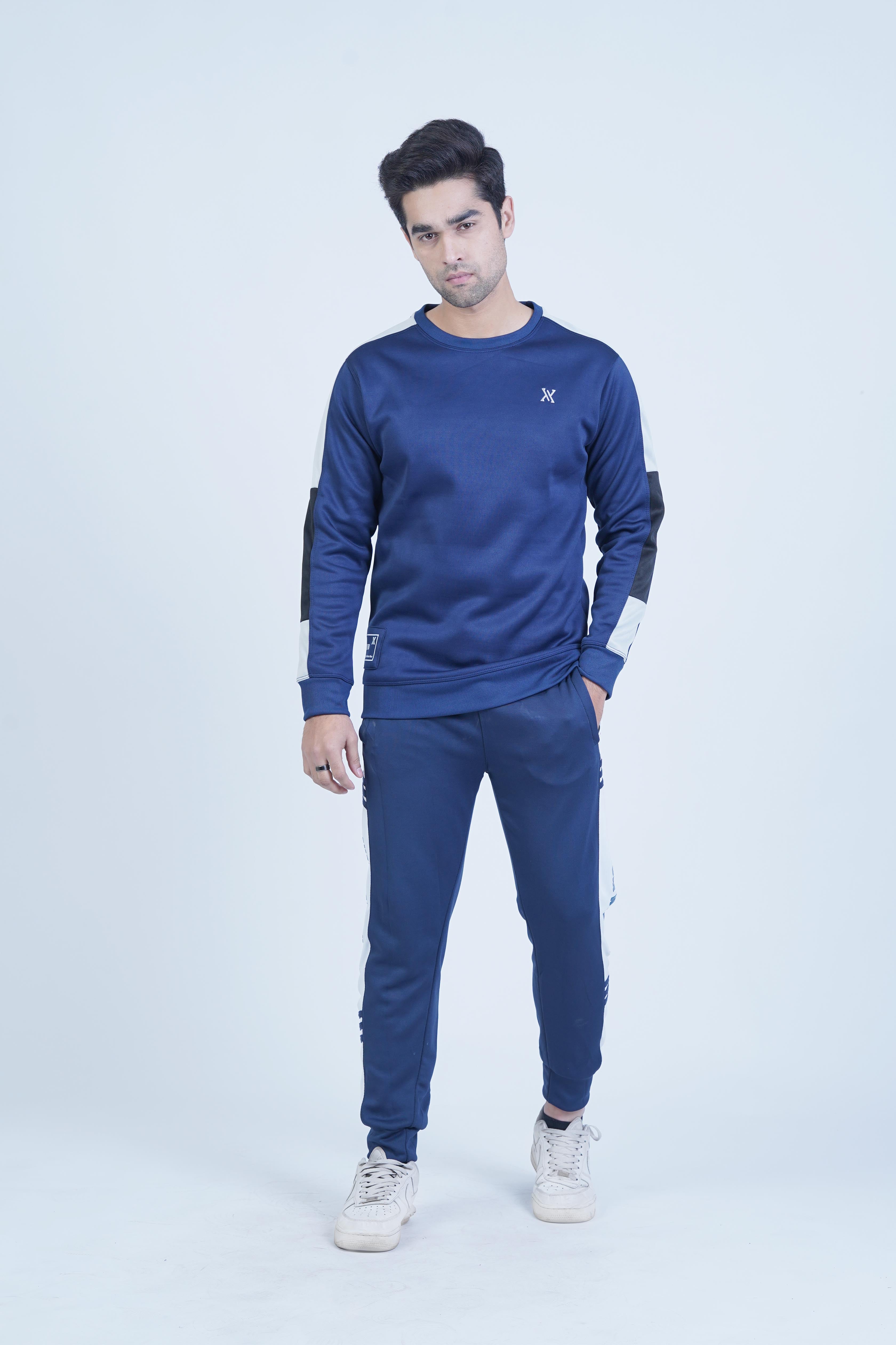 A comfortable navy pullover adorned with ash grey and black sleeve stripes, perfect for both lounging and active wear.