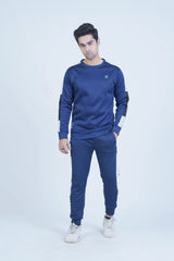 A comfortable navy pullover adorned with ash grey and black sleeve stripes, perfect for both lounging and active wear. -  Striking Sleeves Navy Sweatshirt - Xea Clothing -  Striking Sleeves Navy Sweatshirt - Xea Clothing