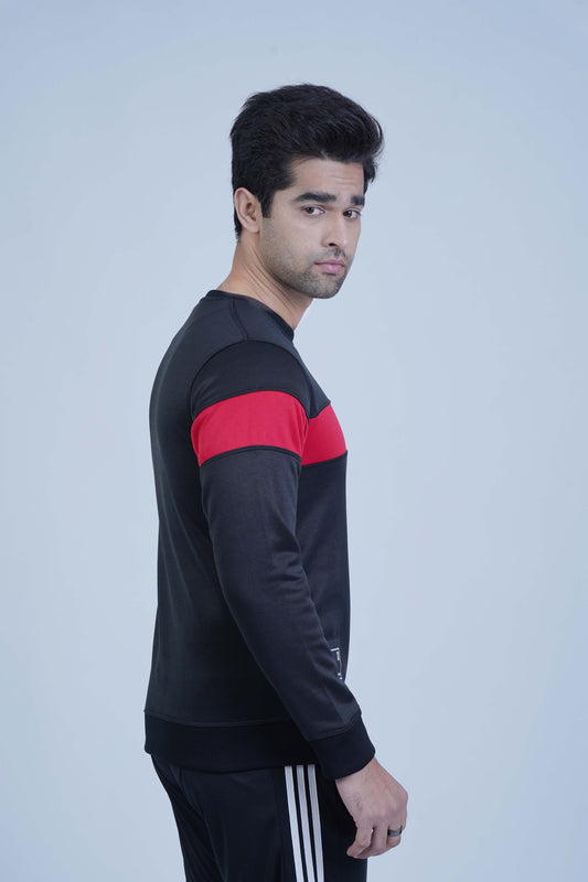 Upgrade your style with this trendy black sweatshirt for men! The modern red and white color block design is sure to inspire you daily.