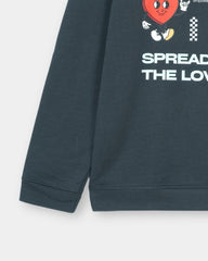 Navy blue sweatshirt with cartoon character and text 'Spread the Love' on a white background