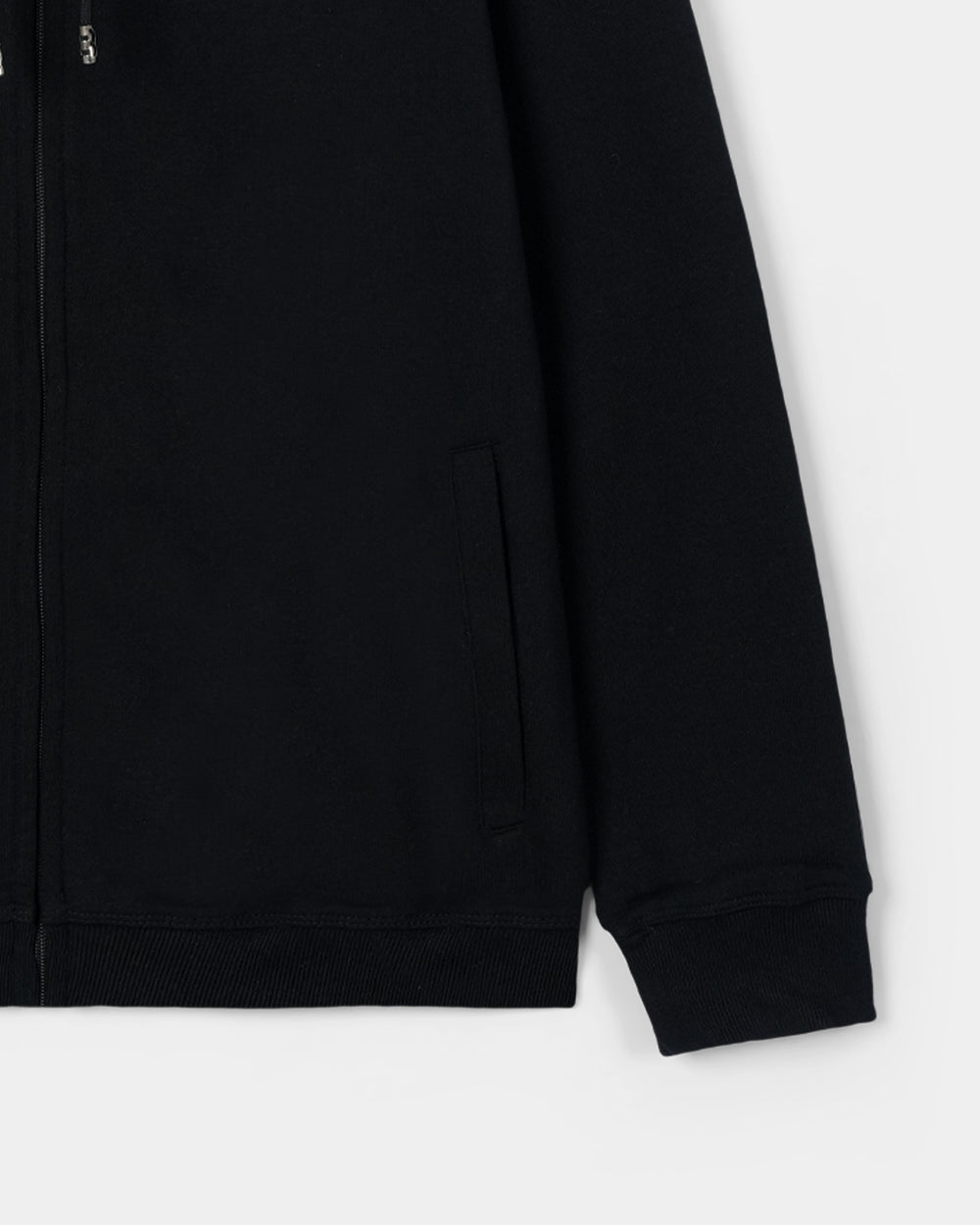 Black zip-up hoodie on a white background