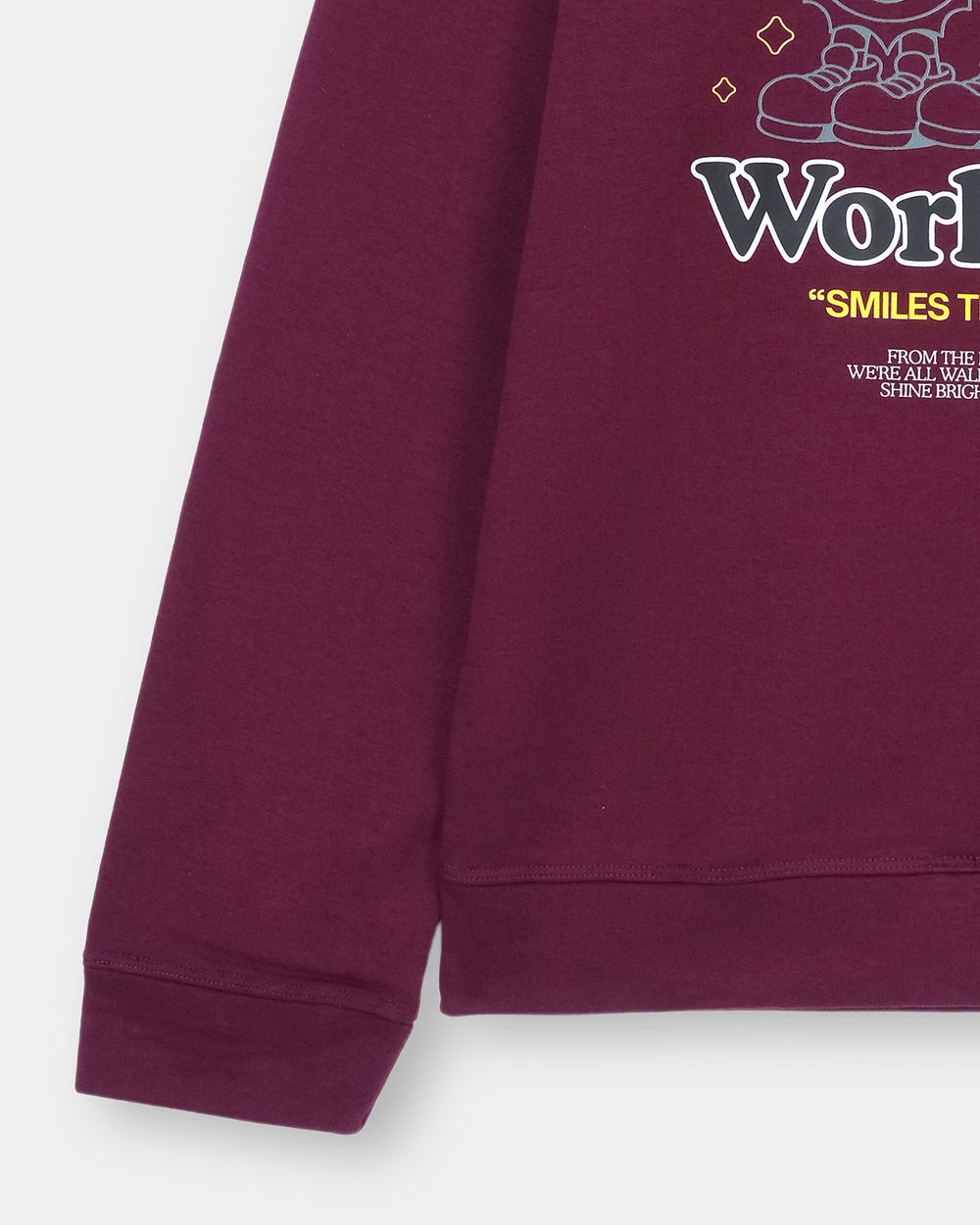 Maroon sweatshirt with graphic design on a light gray background