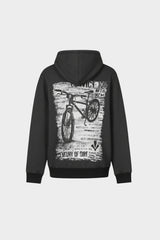 Black hoodie with bicycle graphic on the back against a white background
