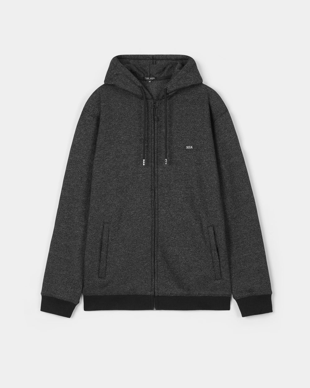 Dark gray hoodie with a brand logo on a light gray background
